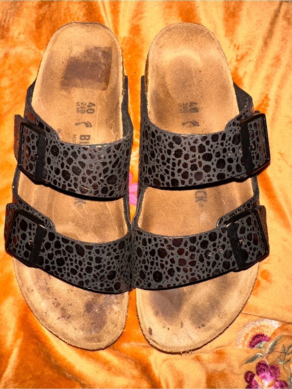 Birkenstock Arizona slide sandal in Metallic Stones Black / Shiny Python 9-9.5